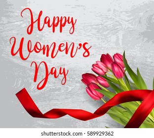 Banner for Women's Day sale with tulips, satin ribbon. 8 March Mothers day girl design vector illustration on wooden background.