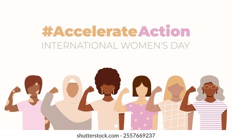 Banner Women's DayWomen of different ethnicitie. AccelerateAction. Isolated Faceless vector illustration on white background.