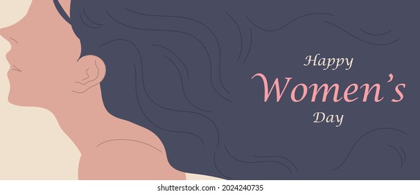 Banner Women's Equality Day. International Women's Day. Easy to edit template for poster, banner, sticker, flyer, badge, Silhouette of a woman with long hair.