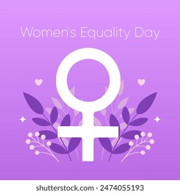 Banner, Womens Equality Day poster. Sign Venus on a background of flowers. Purple background.