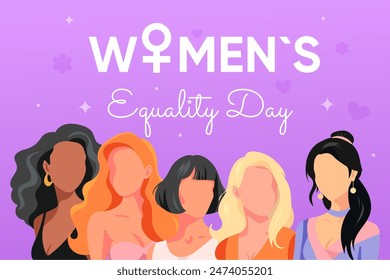 Banner, Womens Equality Day poster. Beautiful girl diversity. Purple background.