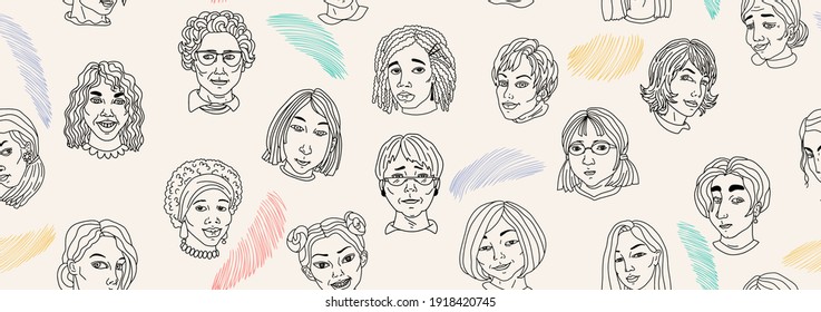 A banner with women's faces of different nationalities and ages in a cartoon style. Flat vector illustration. The concept of women's solidarity. For social media banners, posters, and other decor.