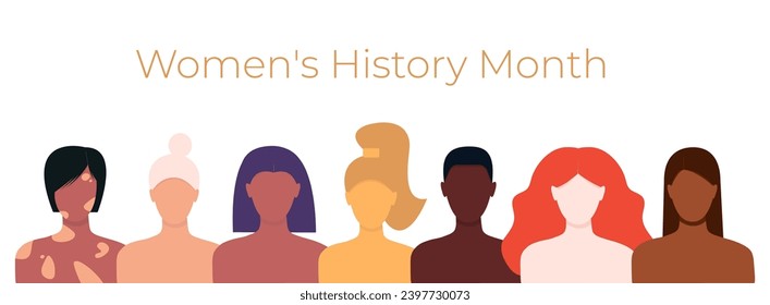 Banner Women's History Month. Women of different ethnicities together. Girl power. Happy women's day. Faceless vector illustration