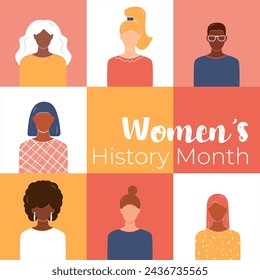 Banner Women's History Month. Women of different ethnicities together. Girl power. Faceless isolated vector illustration.	