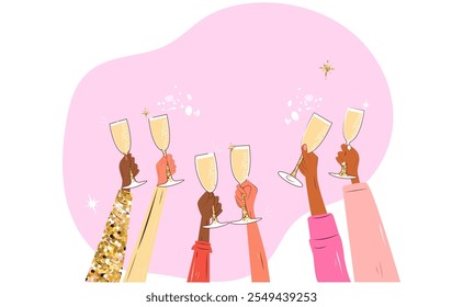 Banner für eine Frauenparty. Mädchen heben Gläser Champagner mit Platz für die Inschrift. Eine Party zu feiern, eine Junggesellenabschied-Party.