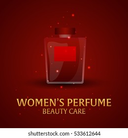 Banner Women's Perfume. Beauty care. Classic bottle of perfume. Liquid luxury fragrance aromatherapy. Vector illustration