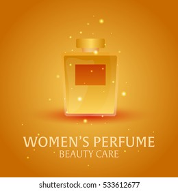 Banner Women's Perfume. Beauty care. Classic bottle of perfume. Liquid luxury fragrance aromatherapy. Vector illustration
