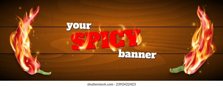 Banner with wooden background and red hot chilli peppers with fire flames - vector illustrations