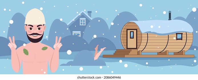 Banner With Wooden Barrel Sauna On House Backyard. Outdoor Banya Cabin For SPA With People Near Bathhouse In Winter Nature Landscape. Flat Vector Illustration.