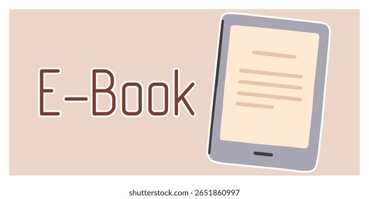 Banner com a palavra "E-Book" e um ícone de dispositivo digital. Simboliza literatura digital, leitura móvel e tecnologia educacional moderna para o aprendizado acessível