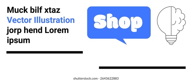Banner with the word Shop in a blue speech bubble, surrounded by text elements and a light bulb icon. Ideal for online shopping, e-commerce, creativity, marketing, and advertising. Banner for landing