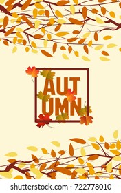 Banner with the words autumn. Autumn leaves background