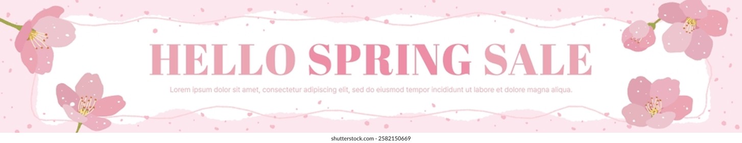 A banner with the words 'Hello Spring Sale' written on it and a spring concept with a pink cherry blossom illustration background.