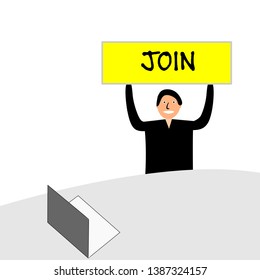 Banner with the words "JOIN". The man sits at a desk with a laptop.