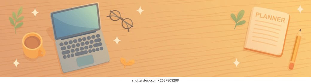 banner work desk with laptop, coffee, glasses and planner on wooden table