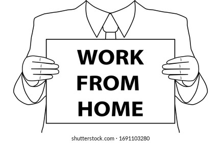 Banner WORK FROM HOME in black.  A man holds a poster in front of him with the text WORK FROM HOME  your web site design, app, UI.  EPS10.