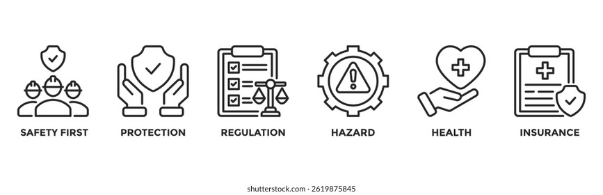 Banner work safety concept, hazards, protections, health and regulations with keywords and icons
