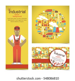Banner with worker and set of compositions in red yellow colors with industrial equipment isolated vector illustration