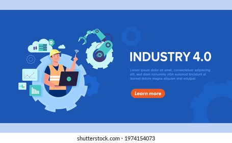 Banner working person using wireless technology to control. For workflow With clever device, infographic of industry 4.0 concept, Vector illustration