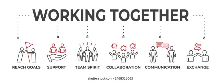 Anuncio trabajando juntos concepto. Alcanzar metas, Asistencia, espíritu de equipo, colaboración, comunicación e intercambio. Ilustración vectorial con Palabras claves e iconos