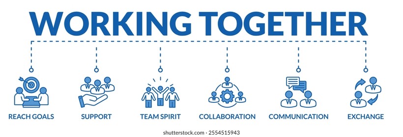 Banner of working together web vector illustration concept with icons of reach goal, support, team spirit, collaboration, communication, exchange