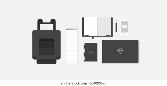 Banner workplace for the website and mobile design. Vector flat illustration of workspace in the office. Business and creative concept. Collection of elements laptop, printer, phone, paper, notepad.