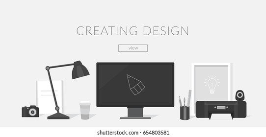 Banner workplace for the website and mobile design. Workplace of the designer and Illustrator. Workspace in the office. Collection of elements laptop, lamp, coffee, printer, camera, poster, pencils.