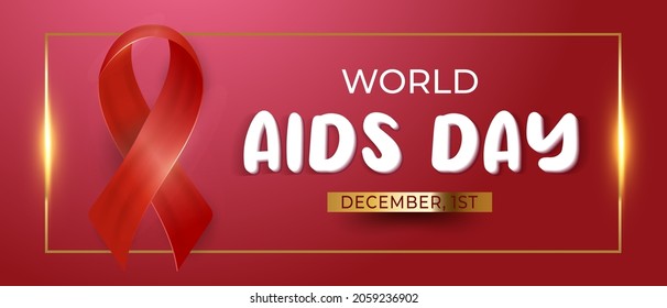 Banner world aids day with gold square on text word and ribbon
