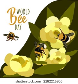 A banner for the World Bee Day with cute realistic bees crawling in flowers. Simple vector template for banner, poster, flyers, stickers, postcards. Cute fluffy bee on a flower