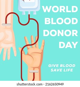 banner world blood donor day with hand donating blood and hand receive blood donation