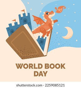 Banner for World Book Day. Open book of fairy tales with dragon and castle.