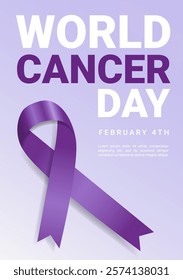 Banner World Cancer Day Trendy Style. Poster with Purple Gradient Ribbon. Vector Illustration. Background Cancer protection concept. Design Bright Ribbon for Disease Awareness.