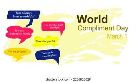 Banner World Compliment Day, March 1, set of compliments on message stickers. Vector illustration.