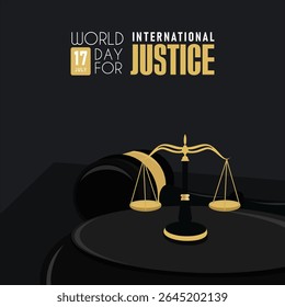 Banner para o Dia Mundial da Justiça Internacional com juiz de martelo e justiça em escala