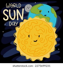 A banner for the World Day of the Sun of a simple design for a background or a greeting card. The inscription World Sun Day on the background of a painted sun in space, followed by the earth and the