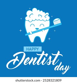 Banner for World Dentist Day with cute tooth, brush and paste