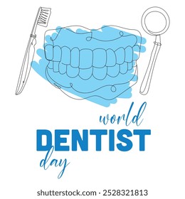 Banner for World Dentist Day with jaw, tooth brush and dental mi