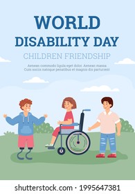 Banner for World Disability Day with group of cheerful disabled children. Handicapped disabled kids walking and playing together, cartoon vector illustration.