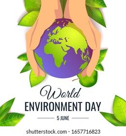 Banner for World Environment Day with hands holding a planet and fresh green leaves. Ecology, environment safety concept. Vector illustration for poster, banner, card, placard, cover, flyer.