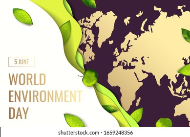 Banner for World Environment Day with layers of cut paper and fresh green leaves. Ecology, environment safety concept. Vector illustration for poster, banner, card, cover, flyer.