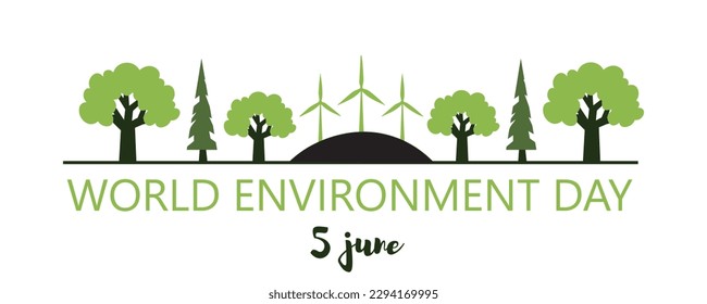 Banner for World Environment Day with trees and windmills on whi