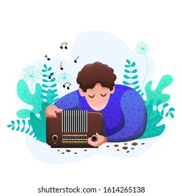 Banner world flat day radio. For website, poster, brochure. A young man listens to the radio in nature. Broadcast music. Frequency search by radio amateur. Vector illustration