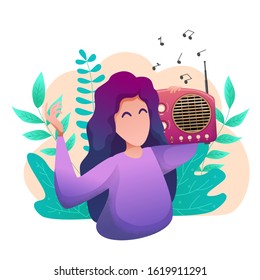 Banner world flat day radio. For website, poster, brochure. A young woman listens to the radio in nature. Broadcast music. Frequency search by radio amateur. Vector illustration