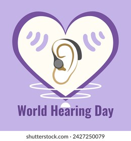 Banner for World Hearing Day with ear and hearing aid on lilac b