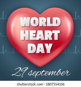 Banner World Heart Day 29 September. Red heart and cardiogram. 3D Realistic illustration. White background. Vector.