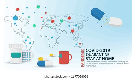 banner, world map distribution, covid-2019 virus molecules, 2019-nCoV, for websites and mobile apps, flat vector illustration