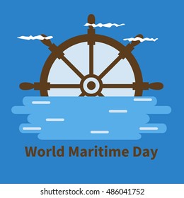 Banner for World Maritime Day with wheel, water, clouds