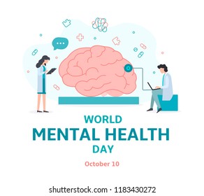 Banner For World Mental Health Day. Doctors Help The Brain. Flat Vector Illustration.