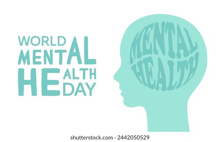 Banner World Mental Health Day. Human head with the inscription mental health. Vector flat illustration