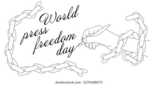 Banner for the World Press Freedom Day -May 3. A contour drawing of a hand covered with a chain with a fountain pen writes an inscription. Black and white illustration. A simple banner to print.